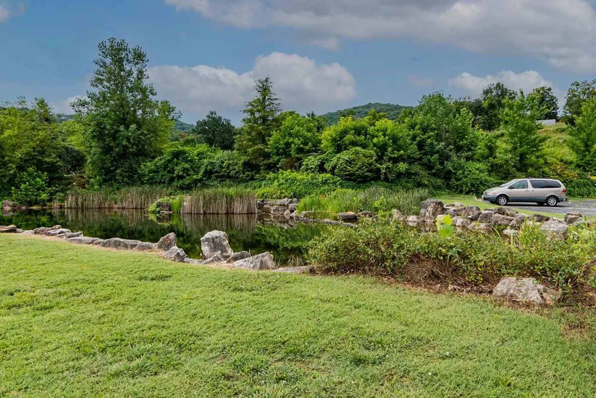 This image captures a calm pond bordered by lush greenery and rock formations, with a vehicle parked nearby. The tranquil atmosphere is ideal for nature walks, bird watching, or relaxing by the water, offering a peaceful backdrop for fishing or teaching kids to fish, as mentioned in the content.