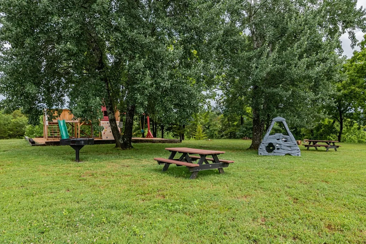 This exterior image features a wooden playground structure, picnic tables, a grill, and a surrounding green area with trees. The scene evokes a cheerful and vibrant mood, with children playing and families gathering for barbecues and outdoor fun.